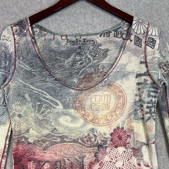 Vintage Y2K Lucky Brand Shirt Womens M Asian Inspired Print Long Sleeve T Shirt - Picture 2 of 10